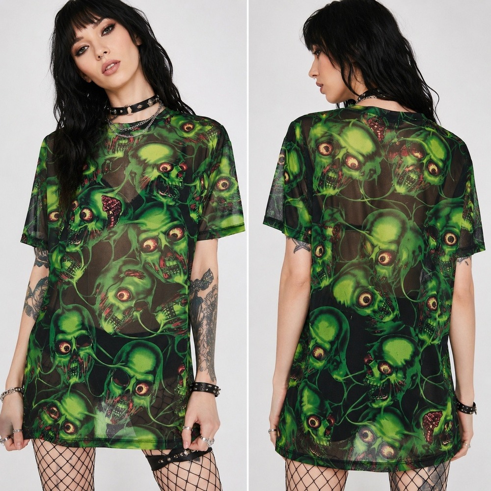 Dolls Kill Sheer Zombie Skull Mesh Tee Horror Graphic Goth Grunge horrorcore
